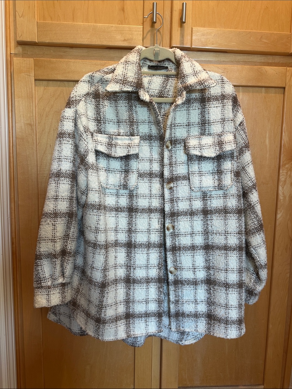 Plaid Shacket Jacket in Cream & Brown - Women's Button-Front Coat